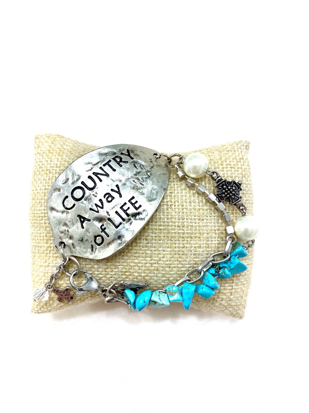 Country A Way Of Life Plate Charm Bracelet Turquoise Nugget Faux Pearl Silver